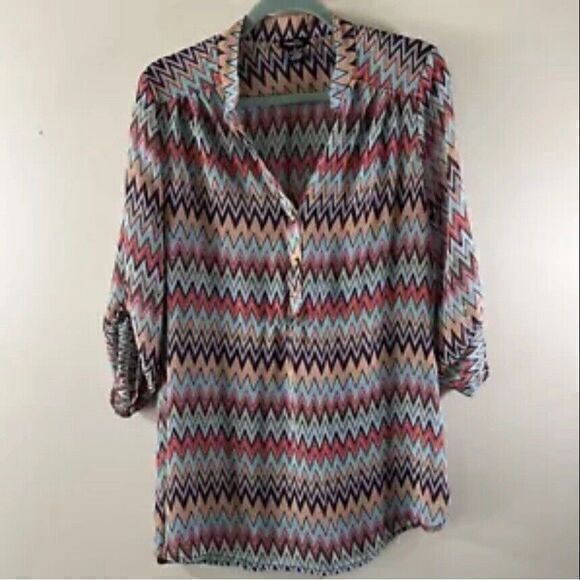 rue21 Blouse Women's XL Multi Chevron Western Gauze Woven‎ Top Semi Sheer - Picture 1 of 8
